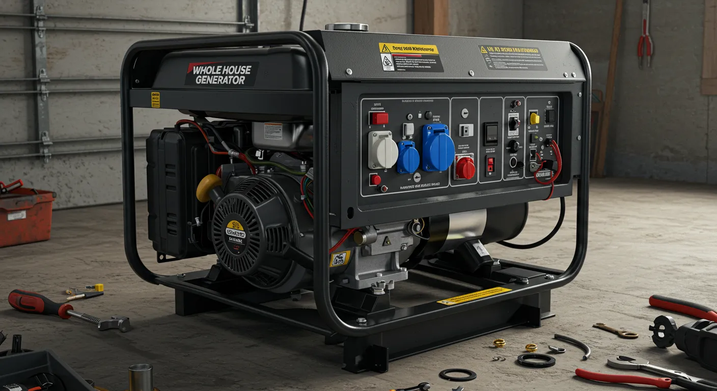 A black portable whole-house generator sits on a concrete floor surrounded by various hand tools