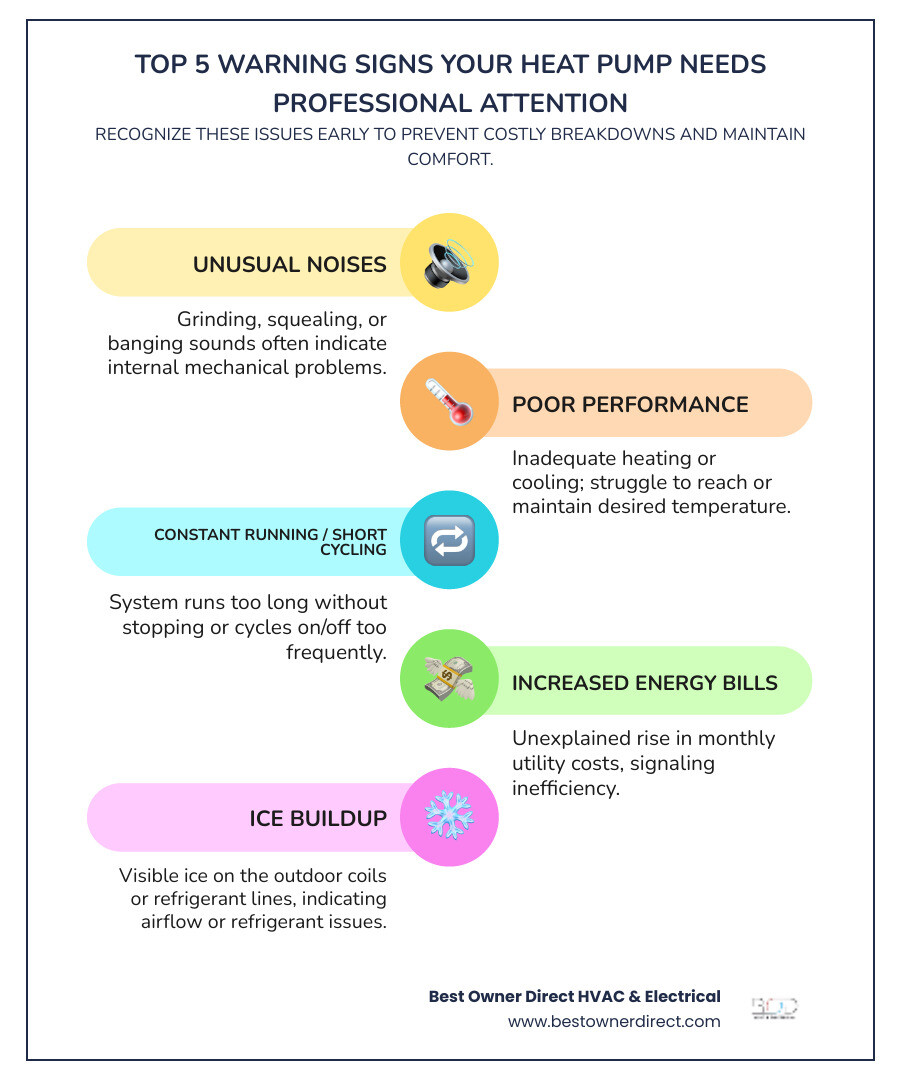 Infographic showing the top 5 warning signs your heat pump needs professional attention: unusual noises like grinding or squealing, inadequate heating or cooling performance, system running constantly or short cycling frequently, unexplained increases in monthly energy bills, and visible ice buildup on outdoor coils or refrigerant lines - affordable heat pump repair in cornelius, or infographic infographic-line-5-steps-colors