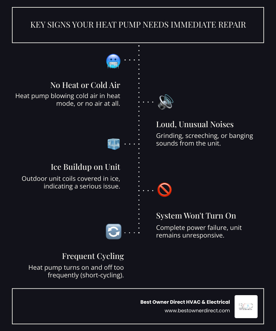 Infographic showing common heat pump emergency warning signs including no heat production, strange noises like grinding or screeching, ice formation on coils, frequent on-off cycling, and complete system failure, with icons indicating when to call for immediate repair service - emergency heat pump repair in cornelius, or infographic infographic-line-5-steps-dark