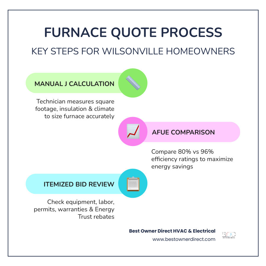 detailed infographic showing the furnace quote process: step 1 shows a technician performing Manual J heat load calculation in a home; step 2 displays comparison of AFUE efficiency ratings from 80% to 96%; step 3 illustrates itemized bid components including equipment, labor, permits, and warranties; step 4 shows Energy Trust of Oregon rebate amounts; step 5 depicts proper furnace sizing matched to home requirements - "I need a quote for a high-efficiency furnace for my home in Wilsonville." infographic infographic-line-3-steps-colors