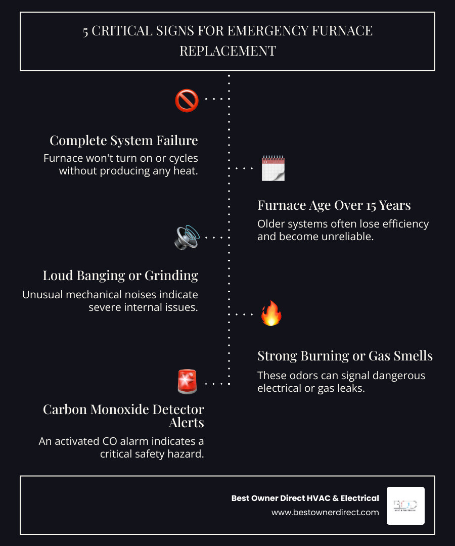 Infographic showing 5 critical warning signs requiring immediate furnace replacement: complete system failure with no heat, furnace age exceeding 15-20 years, loud banging or grinding mechanical noises, strong burning smell or gas odor, and carbon monoxide detector alarm activation - emergency heating replacement in beaverton, or infographic infographic-line-5-steps-dark