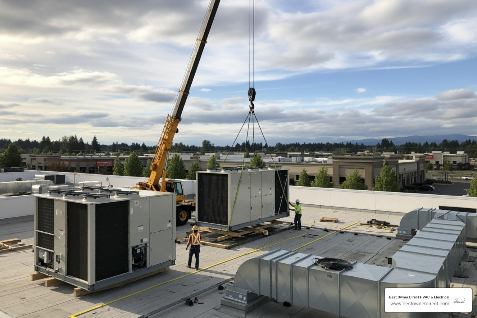 infographic showing benefits of commercial heating replacement including 20-30% energy savings, improved reliability, better indoor air quality, extended equipment lifespan of 15-25 years, and reduced carbon footprint - commercial heating replacement in beaverton, or