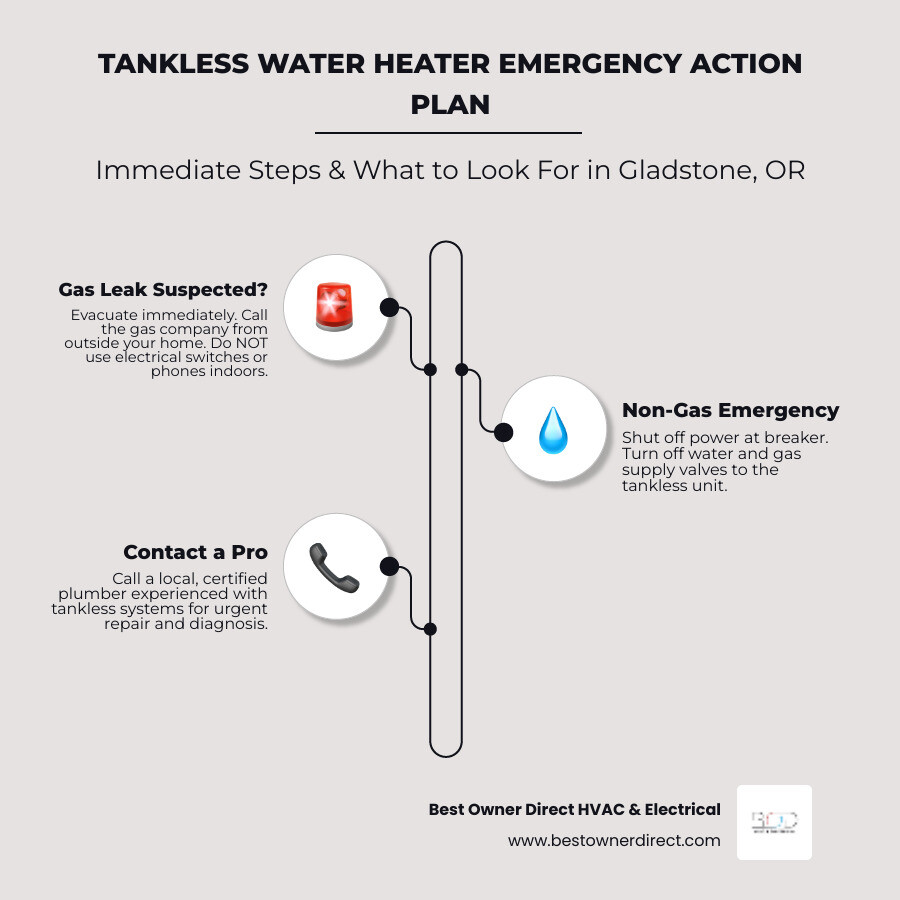 infographic showing immediate emergency steps for tankless water heater failure including checking for gas leaks, shutting off utilities, and when to call a professional, plus common warning signs like error codes and temperature fluctuations - emergency tankless water heater in gladstone, or infographic infographic-line-3-steps-elegant_beige infographic showing immediate emergency steps for tankless water heater failure including checking for gas leaks, shutting off utilities, and when to call a professional, plus common warning signs like error codes and temperature fluctuations - emergency tankless water heater in gladstone, or infographic infographic-line-3-steps-elegant_beige