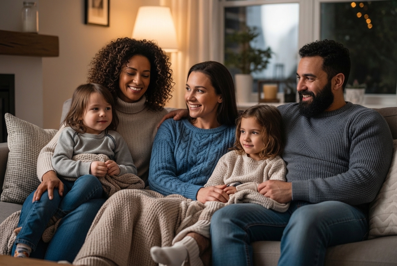 A cozy living room with a family enjoying a warm winter evening, showcasing a well-maintained home - furnace maintenance contractors in hillsboro, or A cozy living room with a family enjoying a warm winter evening, showcasing a well-maintained home - furnace maintenance contractors in hillsboro, or