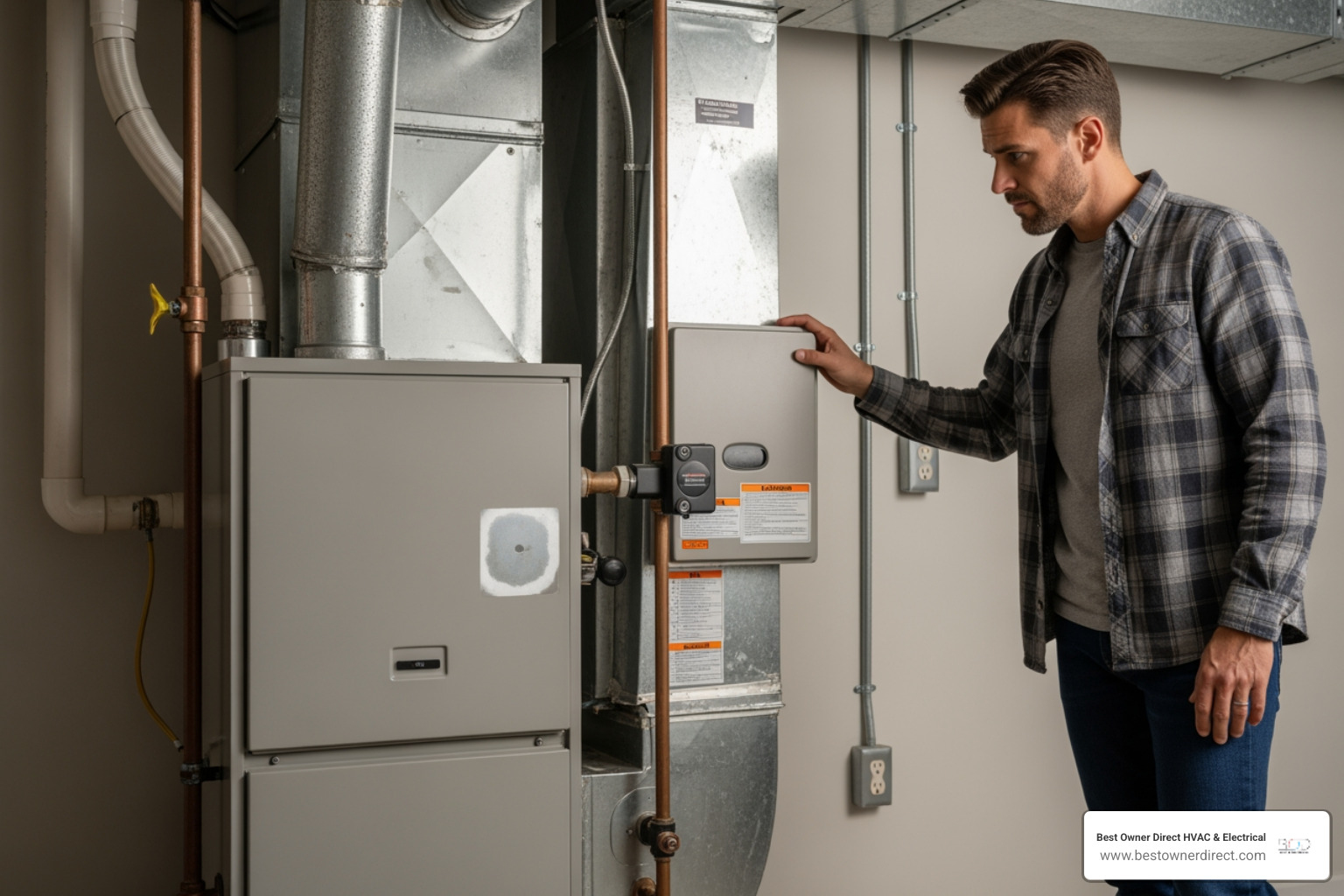 infographic showing five urgent furnace warning signs: gas odor requiring immediate evacuation, loud banging or screeching noises indicating mechanical failure, burning or electrical smell suggesting overheating, complete loss of heat despite thermostat settings, and discolored yellow or orange pilot light signaling combustion problems - same day furnace maintenance in hillsboro, or