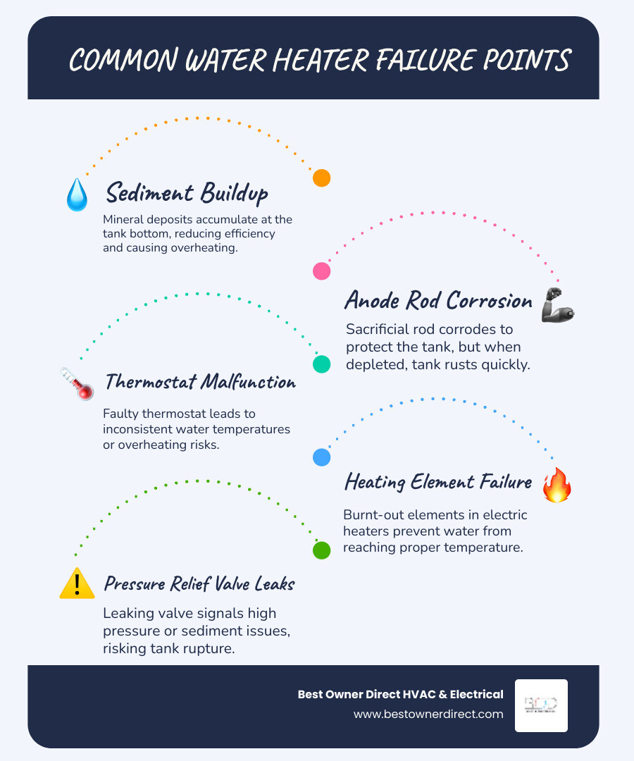 Infographic showing the most common water heater components including the anode rod, thermostat, heating elements, pressure relief valve, and drain valve, with labeled failure points and warning signs such as sediment buildup at the tank bottom, corrosion on the anode rod, and leaks near the base, alongside a checklist of symptoms homeowners in Beaverton should watch for including rumbling noises, rusty water, inconsistent temperatures, and pilot light problems - best water heater repair in beaverton, or infographic infographic-line-5-steps-blues-accent_colors Infographic showing the most common water heater components including the anode rod, thermostat, heating elements, pressure relief valve, and drain valve, with labeled failure points and warning signs such as sediment buildup at the tank bottom, corrosion on the anode rod, and leaks near the base, alongside a checklist of symptoms homeowners in Beaverton should watch for including rumbling noises, rusty water, inconsistent temperatures, and pilot light problems - best water heater repair in beaverton, or infographic infographic-line-5-steps-blues-accent_colors
