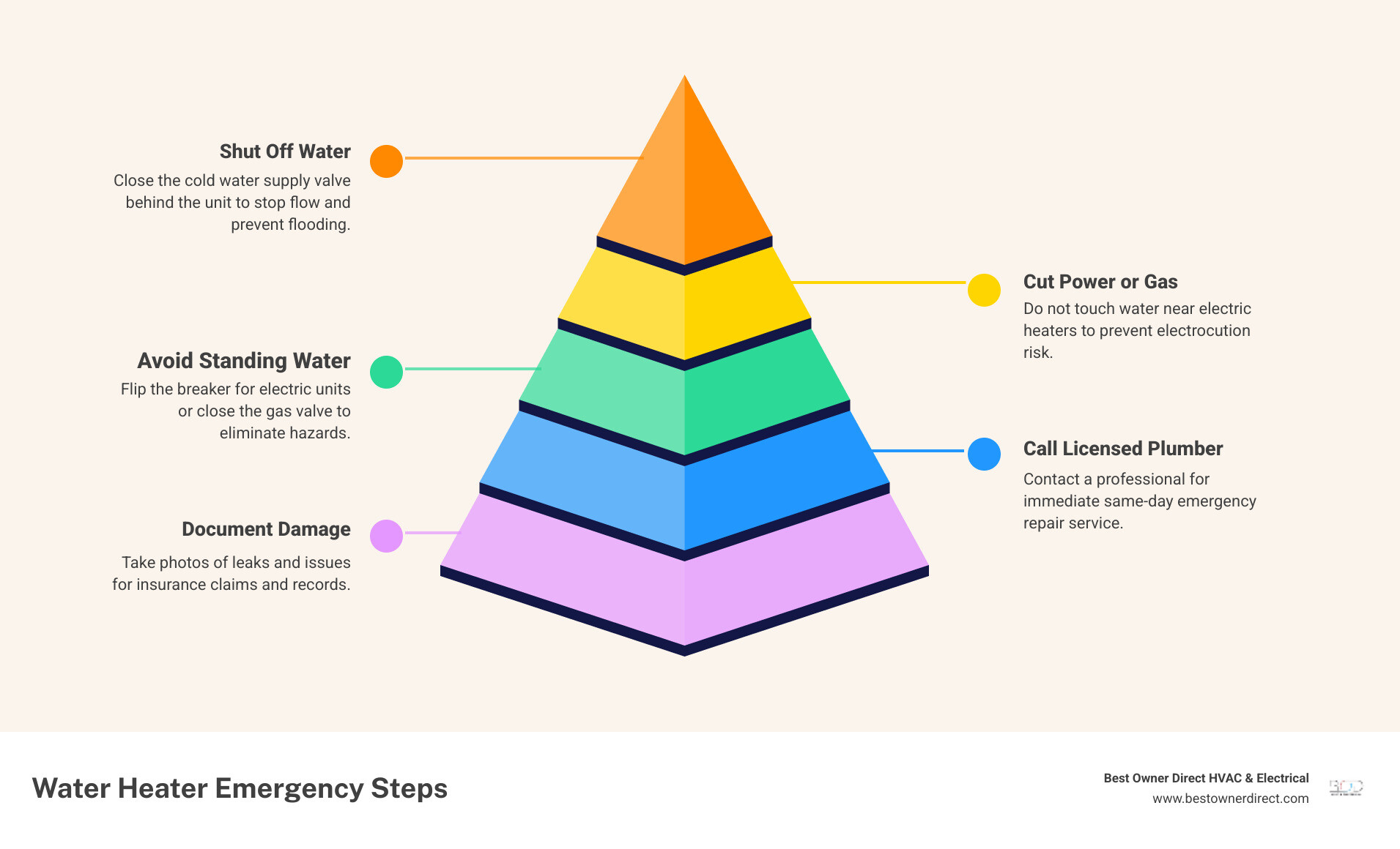 Infographic showing 5 immediate steps for water heater emergencies in Beaverton OR: step 1 shut off water supply valve behind unit, step 2 turn off power at breaker or close gas valve, step 3 avoid contact with standing water near electric heaters, step 4 call a licensed emergency plumber for same-day service, step 5 photograph damage for insurance documentation; includes icons for each step and a warning banner about gas smell evacuation - emergency water heater repair in beaverton, or infographic pyramid-hierarchy-5-steps