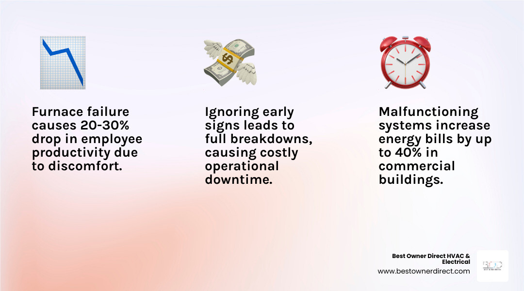 Infographic showing how furnace failure impacts business productivity, energy costs, and employee comfort - commercial
