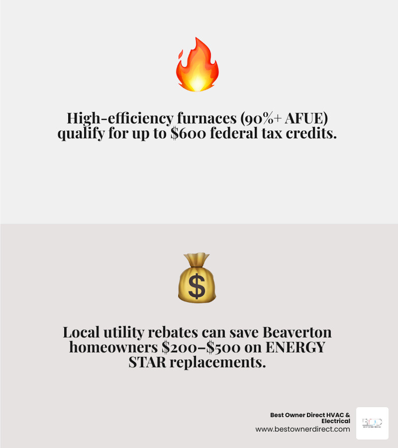 Infographic showing furnace replacement deal types, efficiency ratings, and energy savings for Beaverton OR homeowners Infographic showing furnace replacement deal types, efficiency ratings, and energy savings for Beaverton OR homeowners