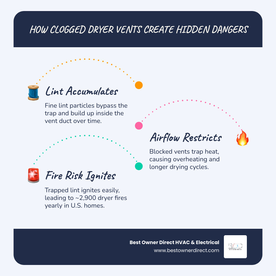 Infographic showing dryer vent airflow, lint accumulation stages, and key risks of a clogged vent - dryer vent cleaning why