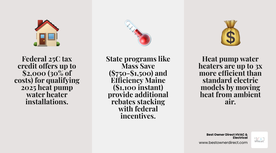 Infographic showing how heat pump water heater rebates and incentives work across federal, state, and utility programs Infographic showing how heat pump water heater rebates and incentives work across federal, state, and utility programs