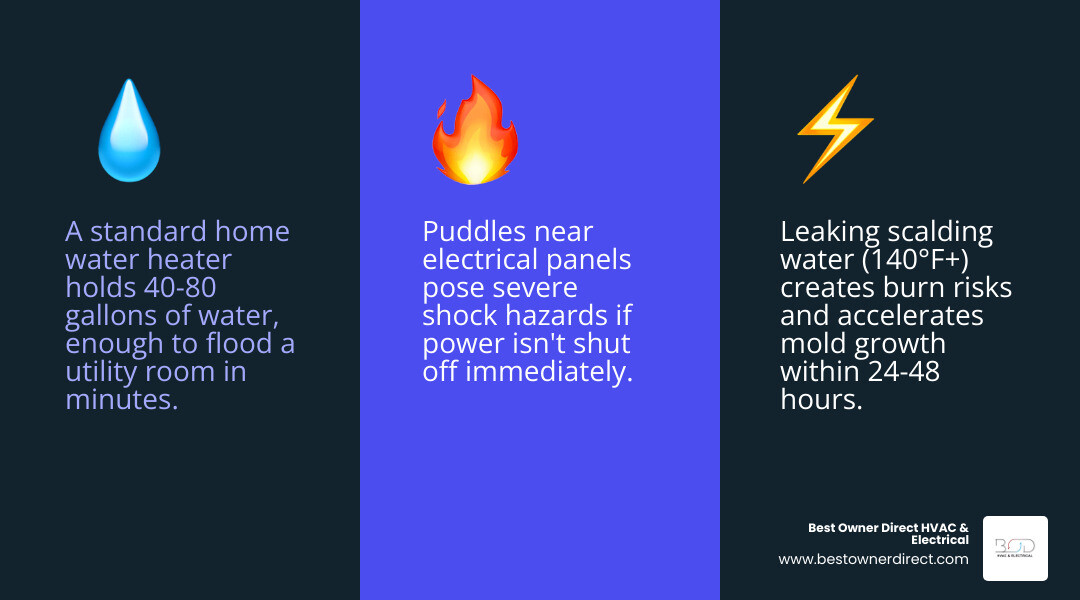 Infographic showing water heater components and common leak points including T&P valve, drain valve, inlet/outlet pipes, and Infographic showing water heater components and common leak points including T&P valve, drain valve, inlet/outlet pipes, and
