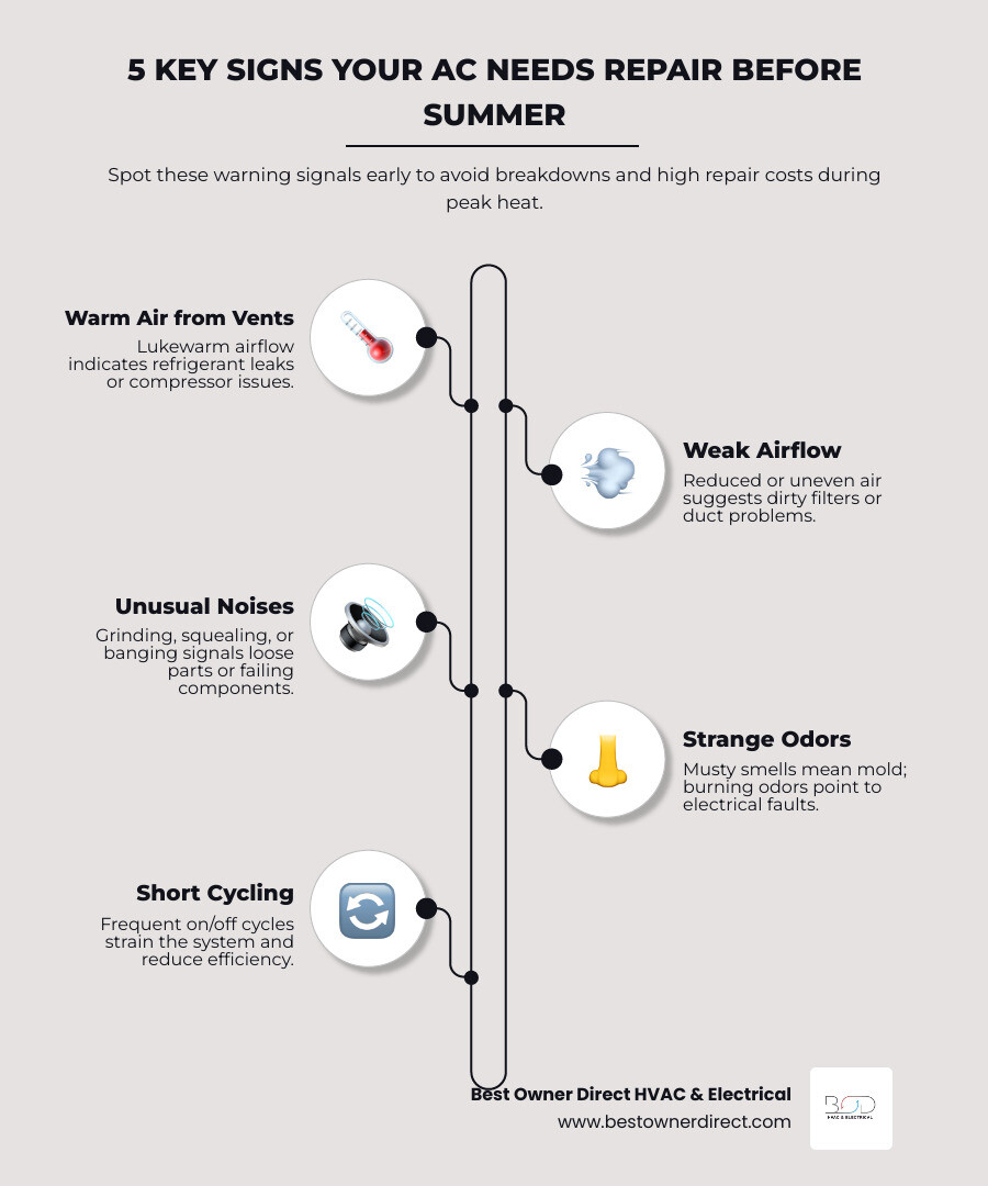 Infographic showing 8 signs your AC needs repair before summer with icons for each warning sign - signs your ac needs repair Infographic showing 8 signs your AC needs repair before summer with icons for each warning sign - signs your ac needs repair