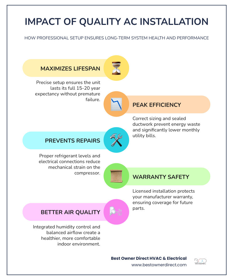 Infographic showing how AC installation quality affects system lifespan, energy efficiency, and repair frequency - how Infographic showing how AC installation quality affects system lifespan, energy efficiency, and repair frequency - how