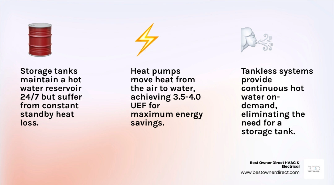 Infographic comparing storage tank, tankless, and heat pump water heater types by efficiency, lifespan, and best use case