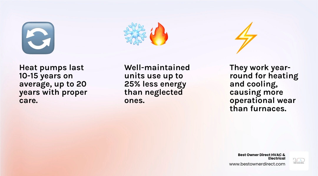 Infographic showing key factors that determine heat pump lifespan including filter maintenance, professional service Infographic showing key factors that determine heat pump lifespan including filter maintenance, professional service