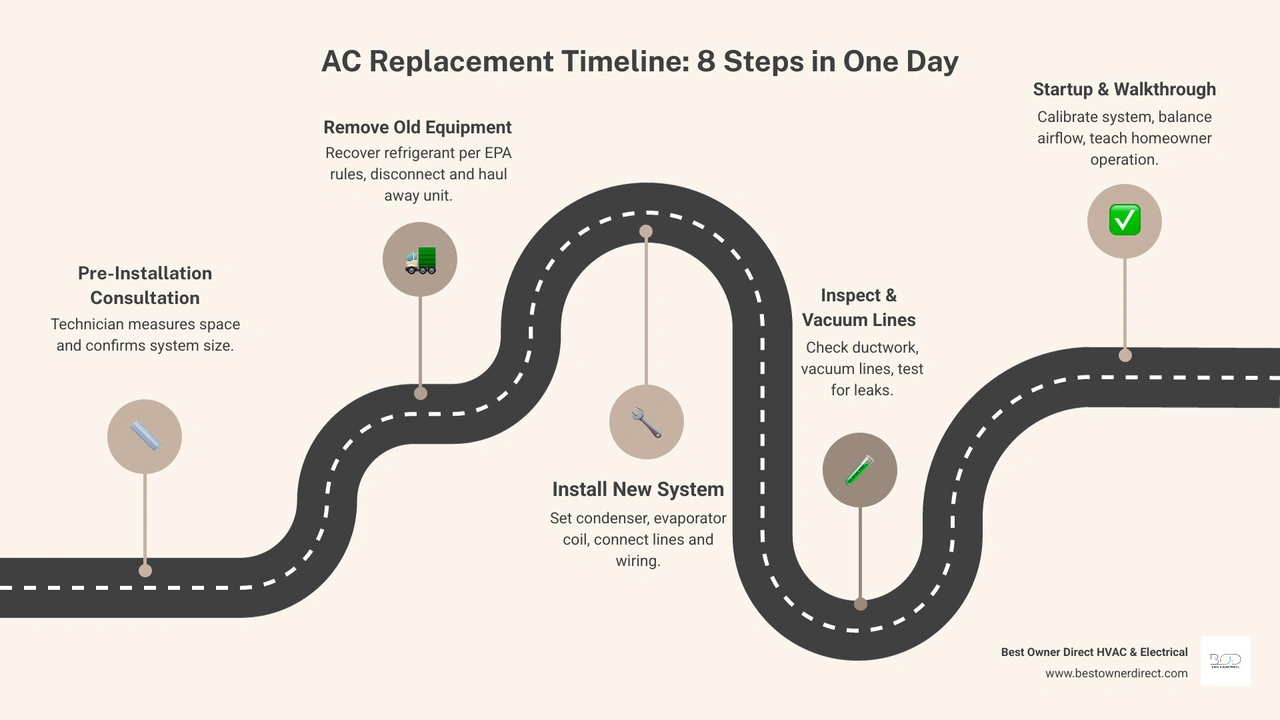 infographic showing the 8-step AC replacement timeline from equipment removal to homeowner walkthrough with estimated hours infographic showing the 8-step AC replacement timeline from equipment removal to homeowner walkthrough with estimated hours