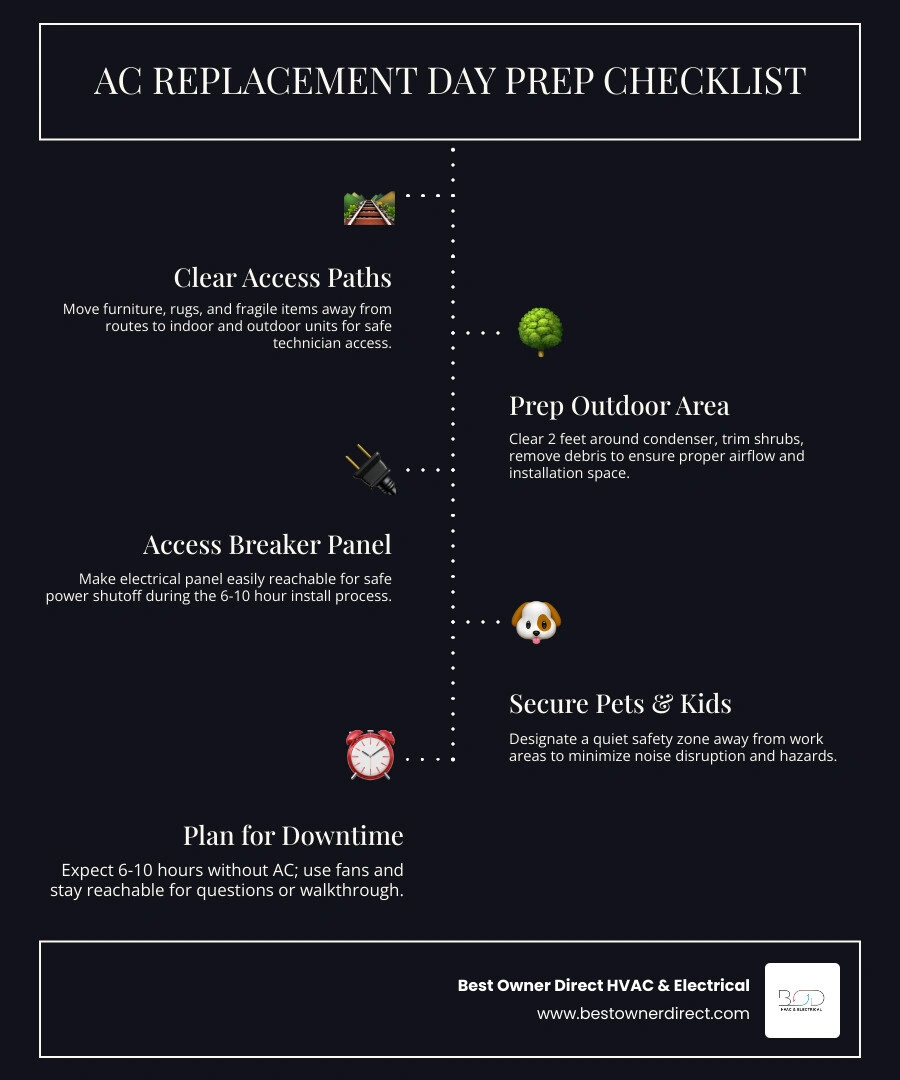 Infographic showing AC replacement day preparation checklist with timeline steps from clearing access to post-installation