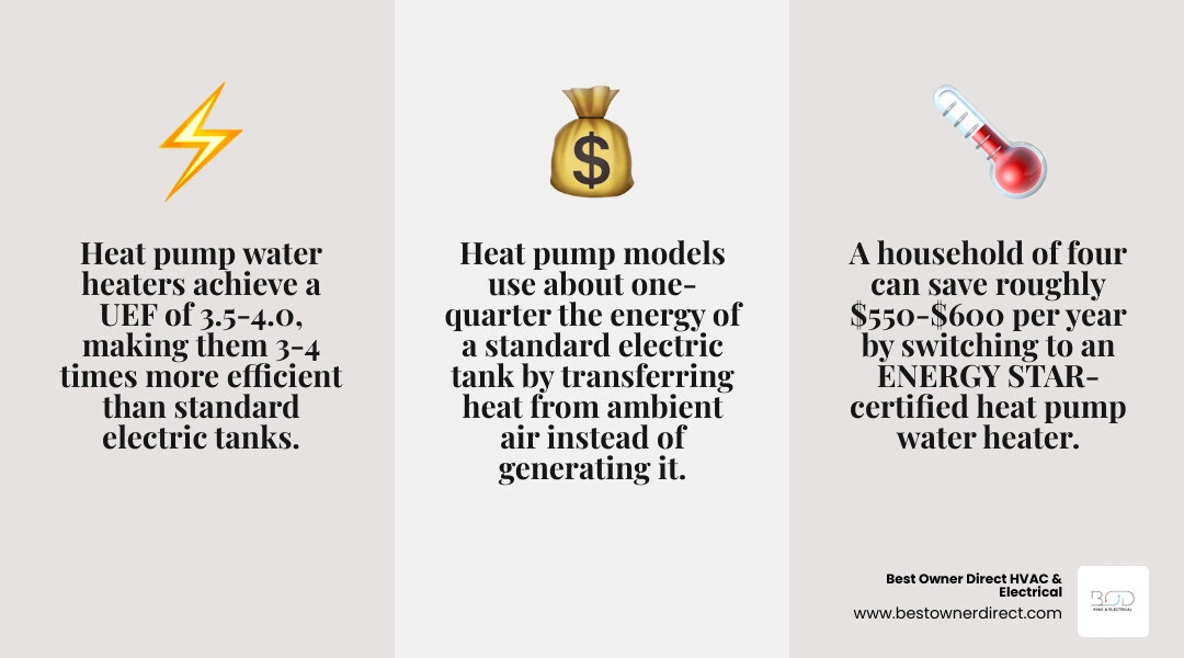 Infographic comparing water heater types by UEF rating, annual energy cost, and efficiency level infographic