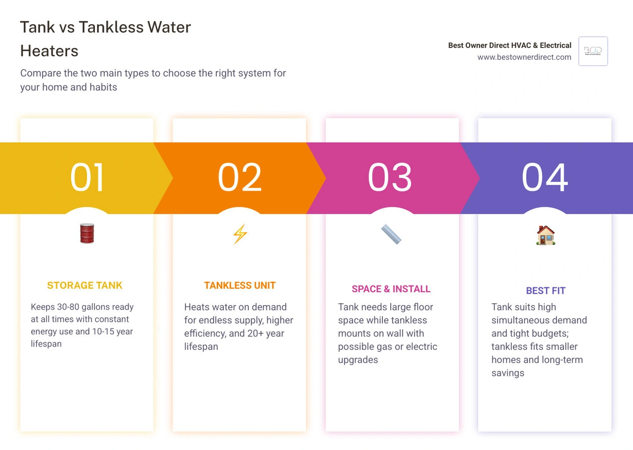 Infographic comparing tank vs tankless water heaters: key differences in efficiency, lifespan, cost, and hot water supply Infographic comparing tank vs tankless water heaters: key differences in efficiency, lifespan, cost, and hot water supply