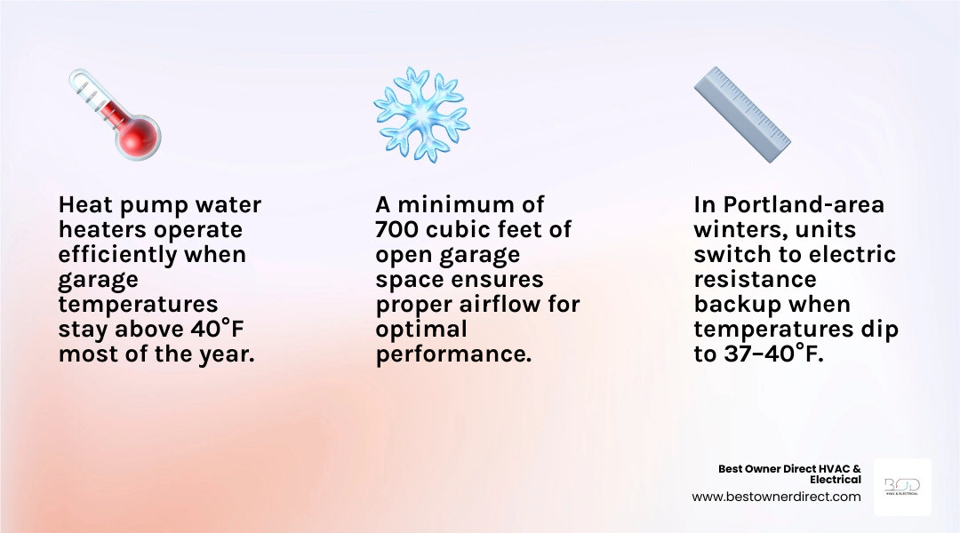Infographic showing heat pump water heater garage suitability checklist and operating temperature range for Oregon Infographic showing heat pump water heater garage suitability checklist and operating temperature range for Oregon