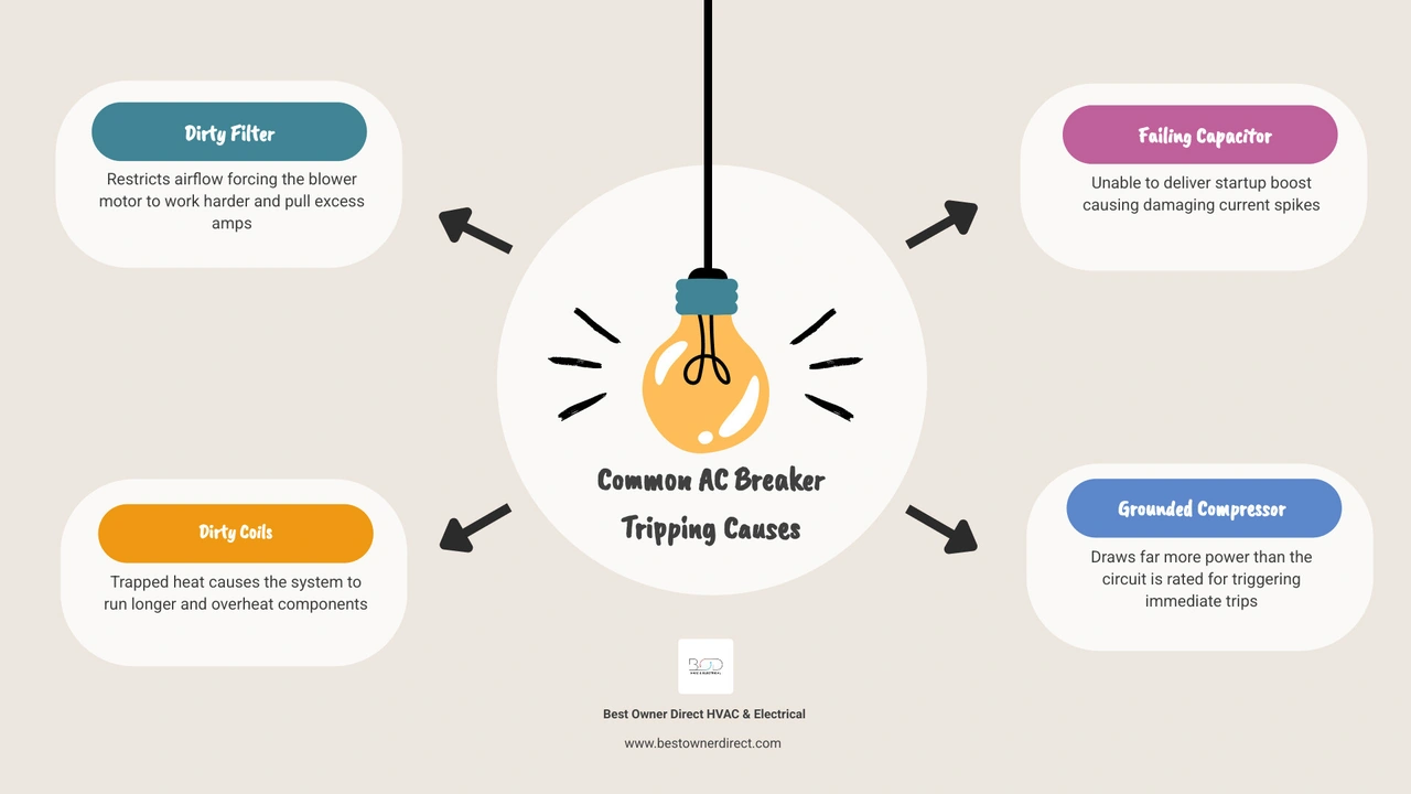 Infographic showing common AC breaker tripping causes from dirty filters to compressor faults infographic