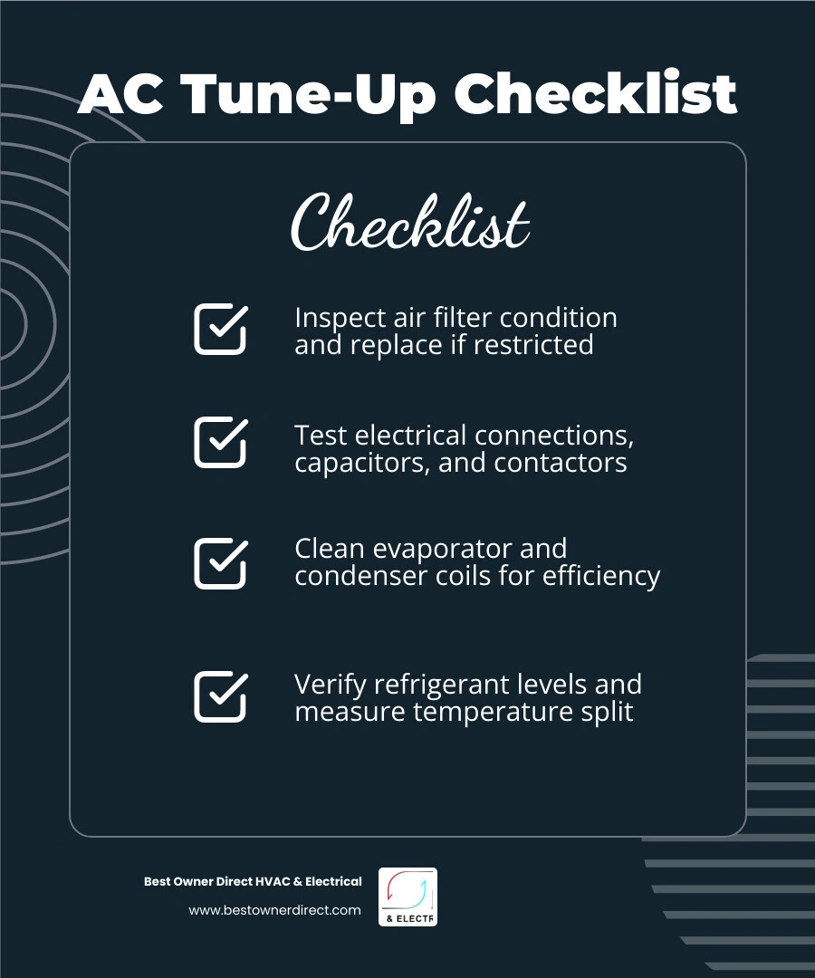 Infographic showing 12-point AC tune-up checklist with indoor and outdoor components and efficiency benefits infographic