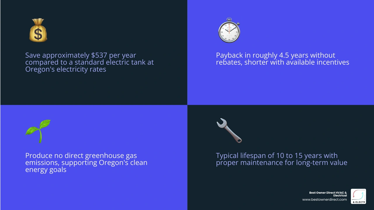 Infographic showing how a heat pump water heater transfers heat from air to water, annual savings vs electric tank, payback