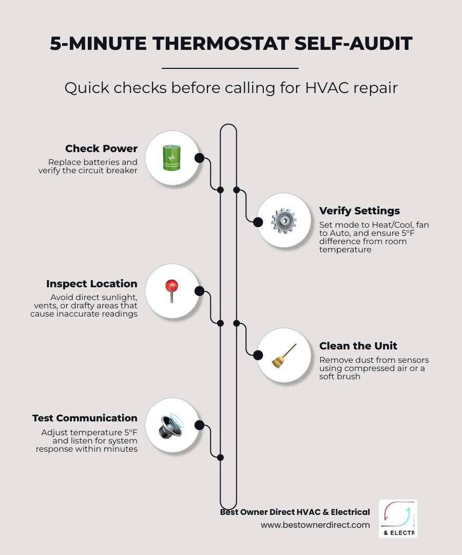 5-minute thermostat self-audit checklist showing power, settings, location, cleaning, and communication test steps 5-minute thermostat self-audit checklist showing power, settings, location, cleaning, and communication test steps