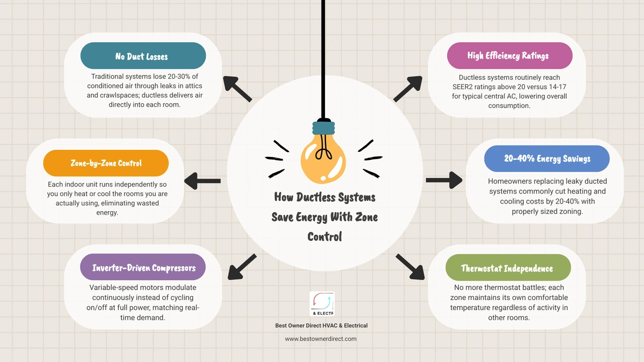 Infographic showing how ductless systems save energy with zone control: no duct losses, independent zones, inverter Infographic showing how ductless systems save energy with zone control: no duct losses, independent zones, inverter
