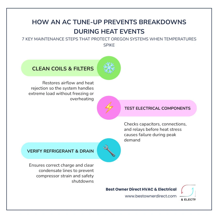 Infographic showing 7 ways an AC tune-up prevents breakdowns during heat events with icons for each step infographic