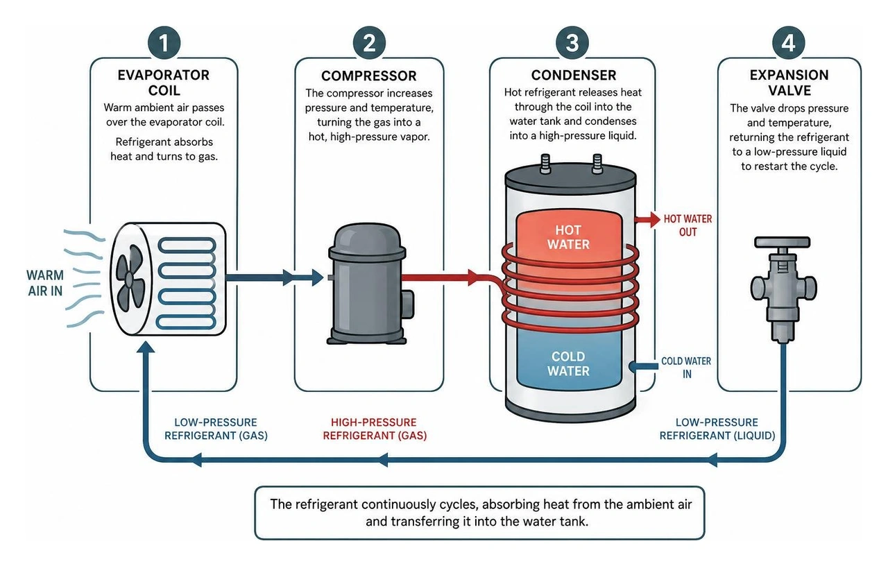 Refrigeration cycle diagram showing heat extraction from ambient air to water tank Refrigeration cycle diagram showing heat extraction from ambient air to water tank