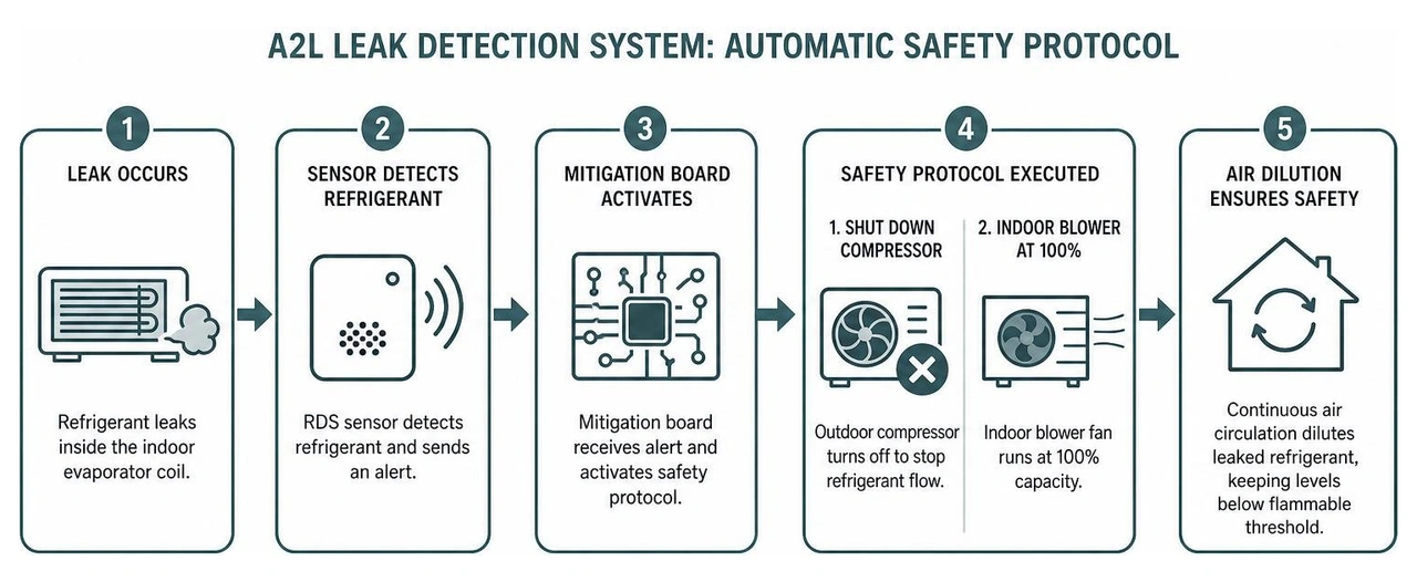diagram showing how an A2L leak detection system automatically activates safety protocols diagram showing how an A2L leak detection system automatically activates safety protocols