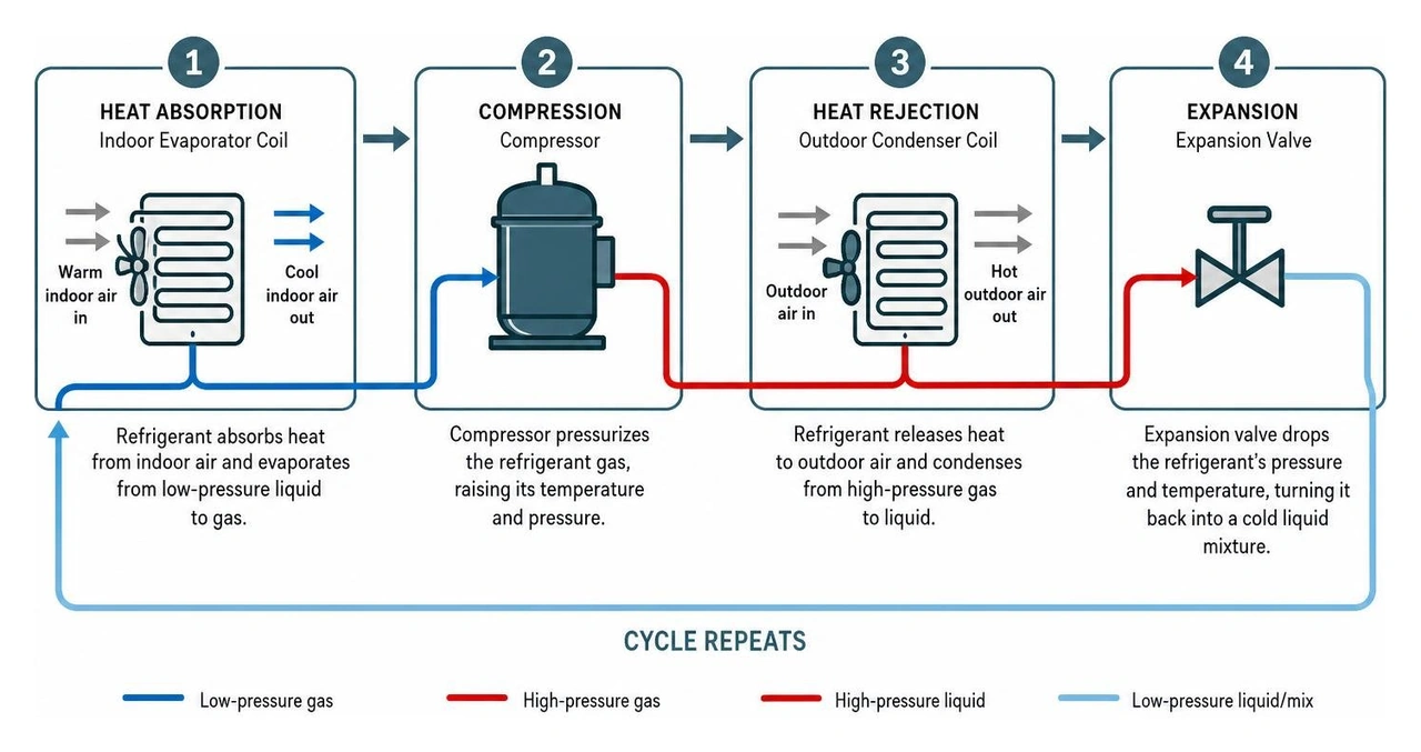 Step-by-step heat pump cooling cycle diagram illustrating the four main stages of the refrigeration loop Step-by-step heat pump cooling cycle diagram illustrating the four main stages of the refrigeration loop