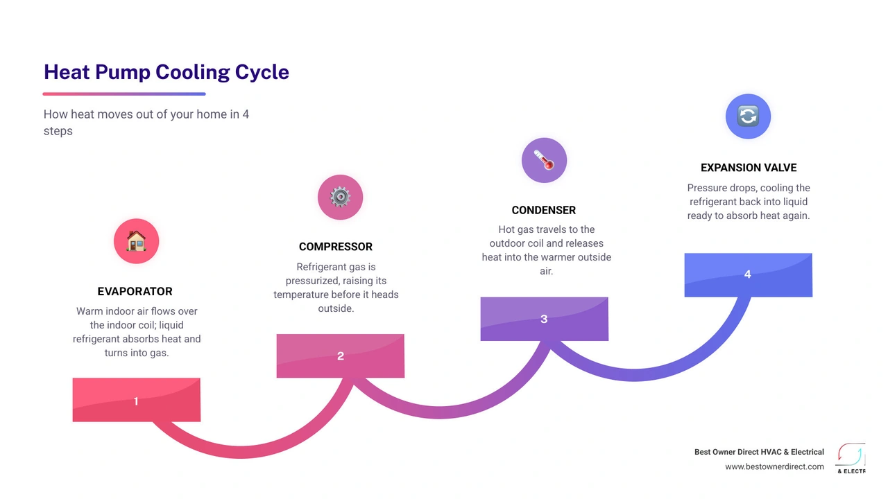Heat pump summer cooling cycle infographic showing refrigerant flow evaporator compressor condenser expansion valve Heat pump summer cooling cycle infographic showing refrigerant flow evaporator compressor condenser expansion valve