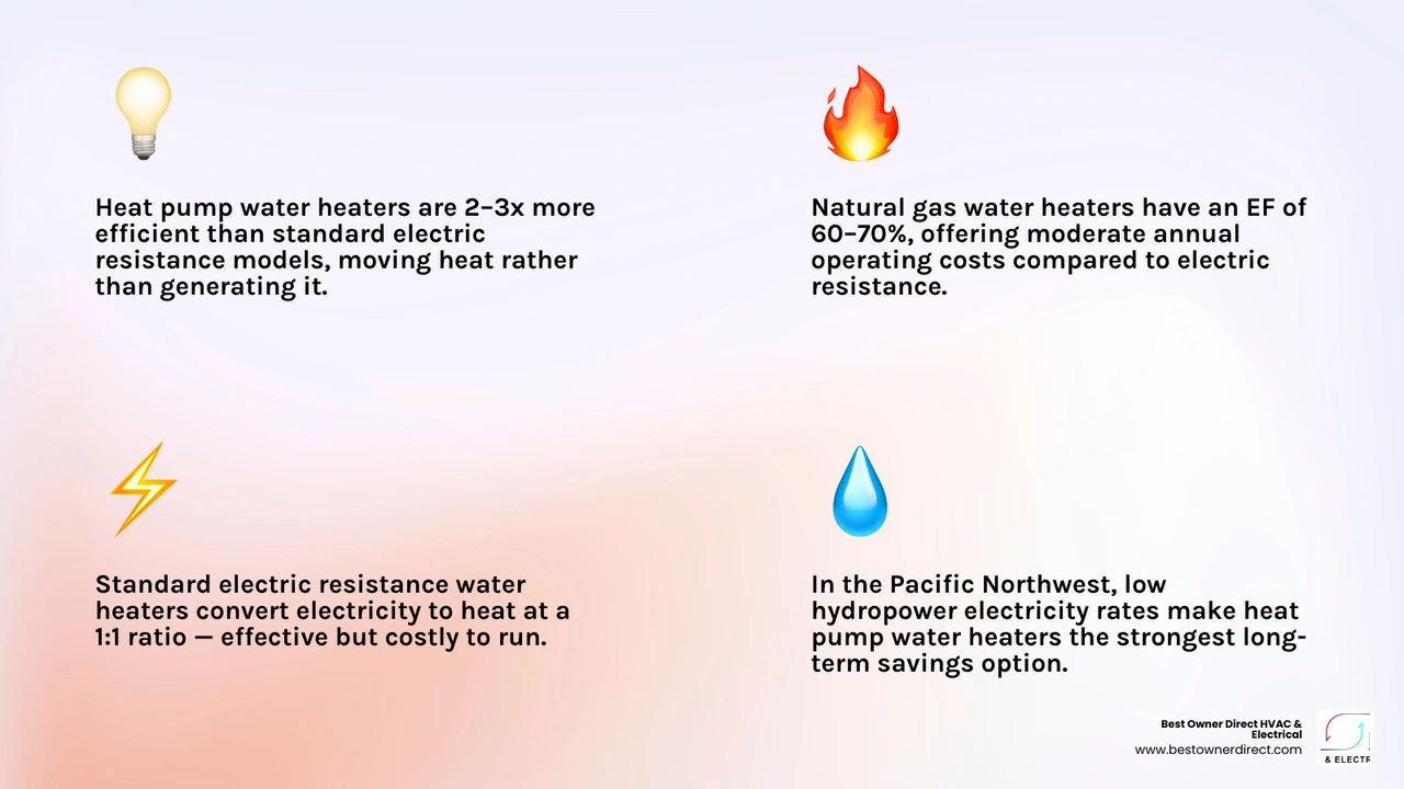 infographic comparing annual operating costs of gas, electric resistance, and heat pump water heaters for Oregon homeowners infographic comparing annual operating costs of gas, electric resistance, and heat pump water heaters for Oregon homeowners