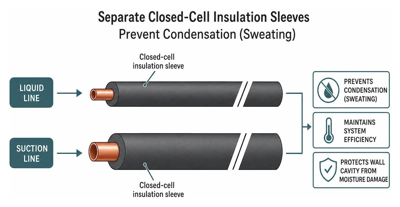 diagram of separate closed-cell insulation sleeves on liquid and suction lines to prevent sweating diagram of separate closed-cell insulation sleeves on liquid and suction lines to prevent sweating