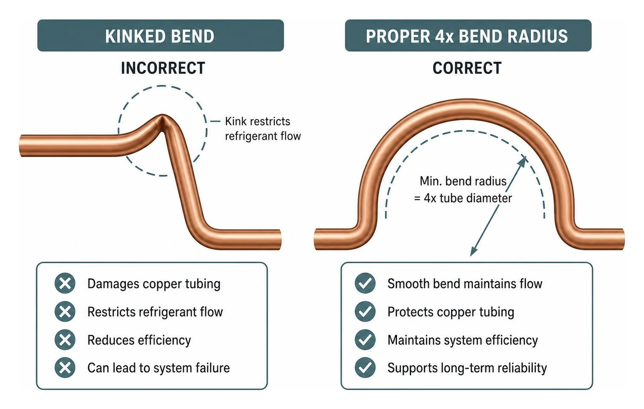 diagram showing the difference between a kinked copper line and a proper 4x bend radius curve diagram showing the difference between a kinked copper line and a proper 4x bend radius curve