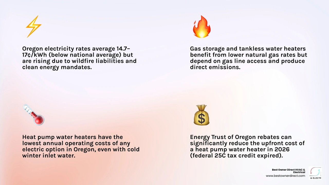 Infographic comparing Oregon water heater types by energy rate impact, annual cost, and rebate eligibility infographic Infographic comparing Oregon water heater types by energy rate impact, annual cost, and rebate eligibility infographic