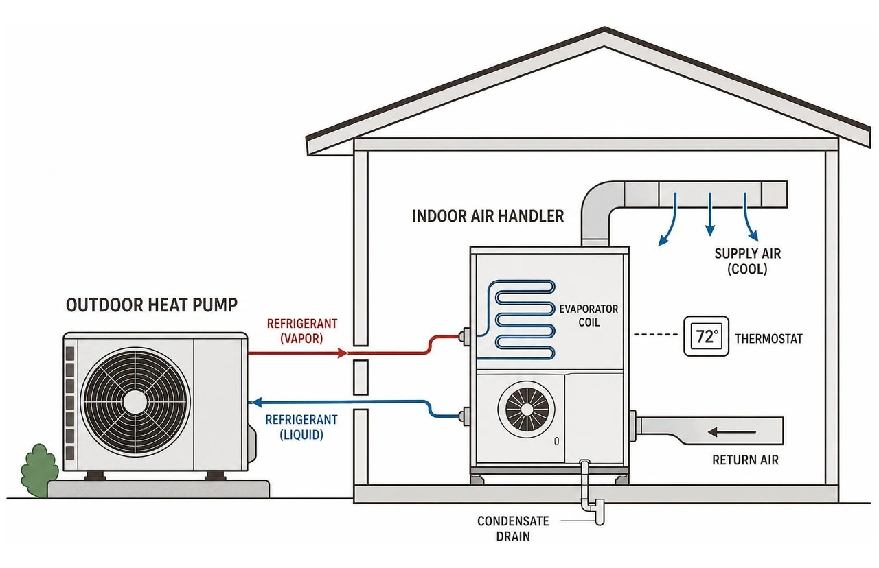 diagram of a modern home showing the indoor air handler and outdoor heat pump working together
