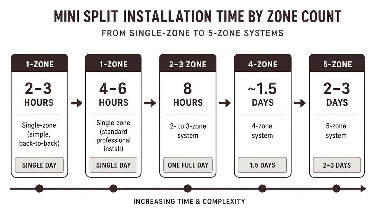 Diagram showing the breakdown of installation time comparing single-zone to multi-zone systems Diagram showing the breakdown of installation time comparing single-zone to multi-zone systems
