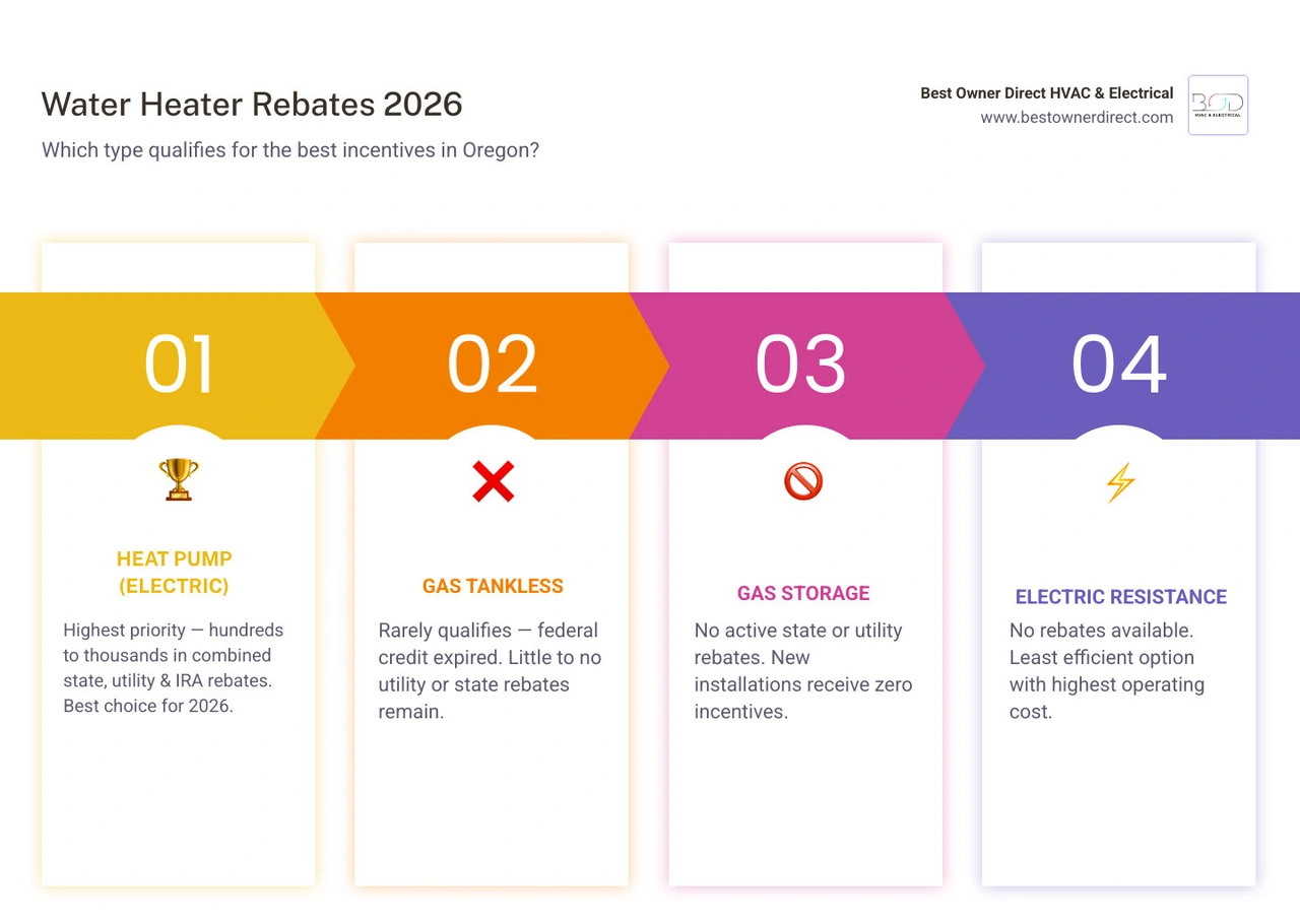 infographic showing water heater types ranked by 2026 rebate eligibility and incentive stacking options infographic infographic showing water heater types ranked by 2026 rebate eligibility and incentive stacking options infographic