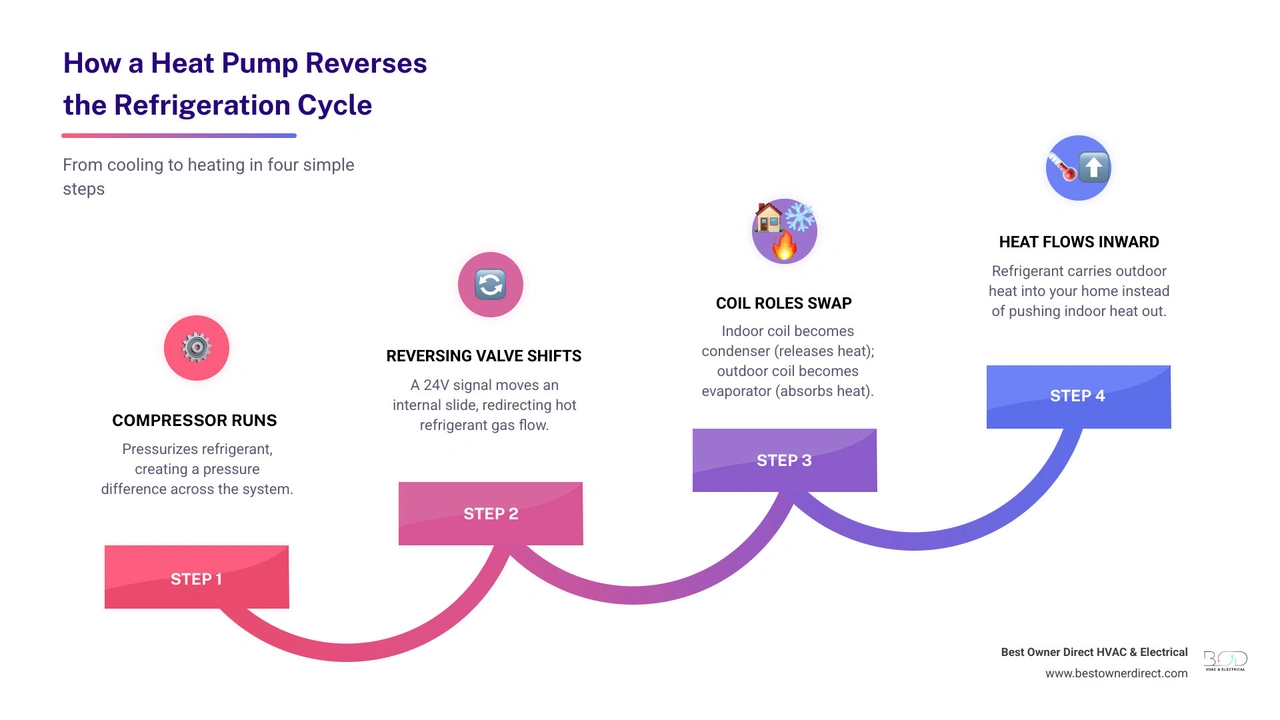 Infographic showing heat pump refrigeration cycle reversal steps from cooling mode to heating mode infographic Infographic showing heat pump refrigeration cycle reversal steps from cooling mode to heating mode infographic