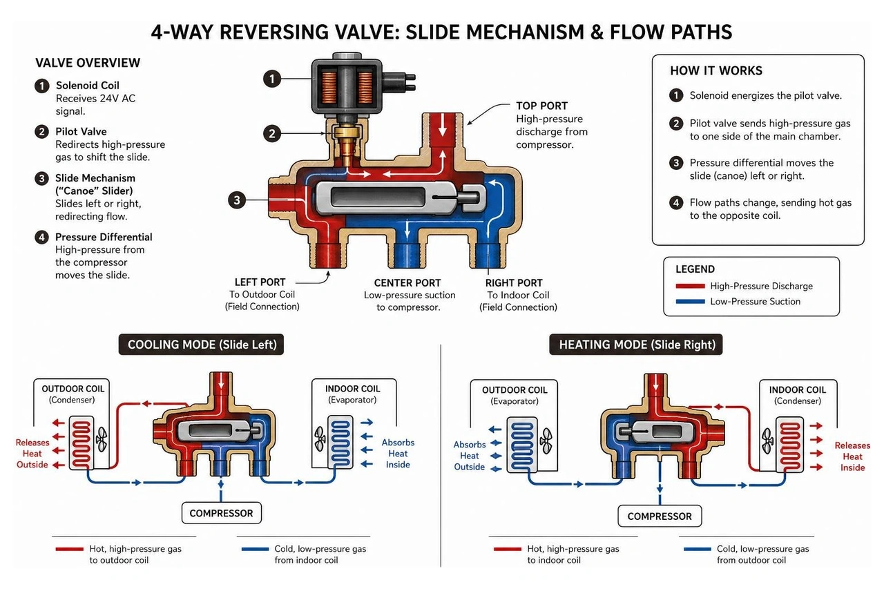 Detailed diagram of a 4-way reversing valve slide mechanism redirecting refrigerant flow Detailed diagram of a 4-way reversing valve slide mechanism redirecting refrigerant flow