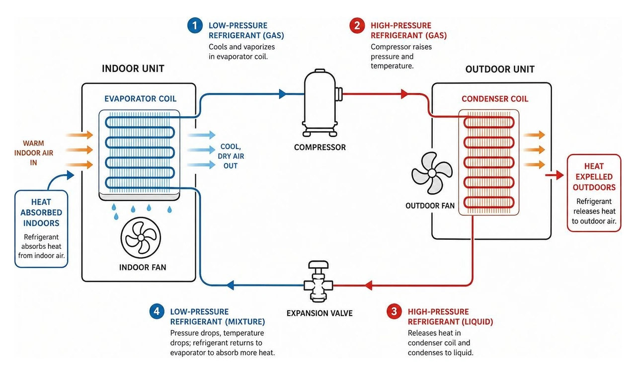 Diagram of the refrigeration cycle showing heat absorption at the indoor evaporator and heat expulsion at the outdoor Diagram of the refrigeration cycle showing heat absorption at the indoor evaporator and heat expulsion at the outdoor