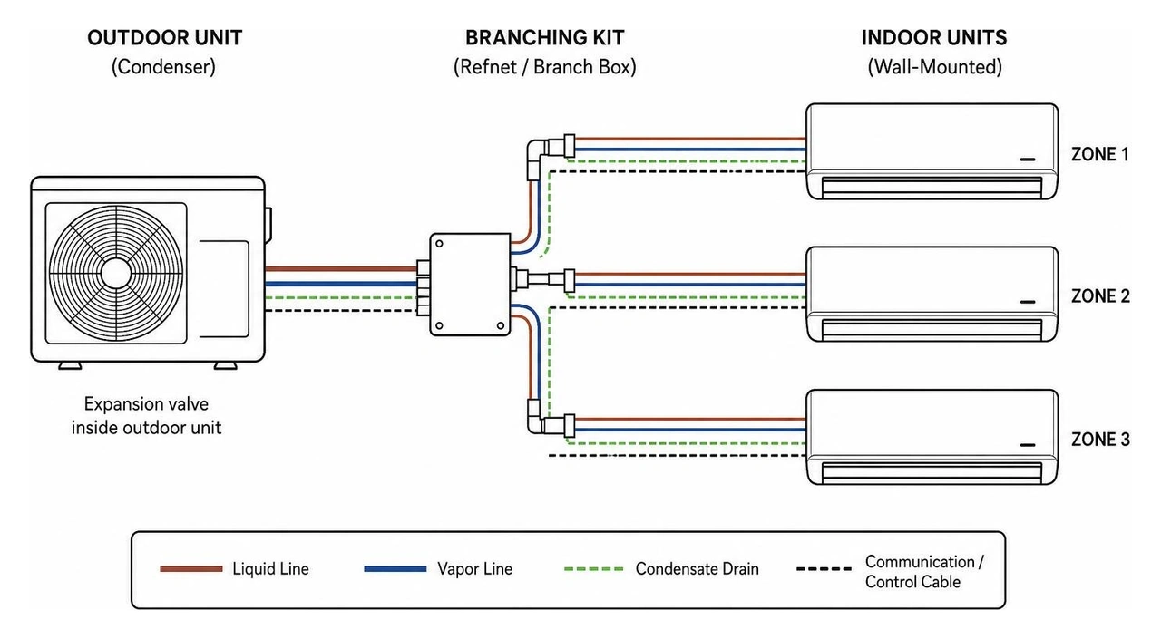 Diagram showing a multi-zone mini-split system with one outdoor unit branching to three indoor wall units Diagram showing a multi-zone mini-split system with one outdoor unit branching to three indoor wall units