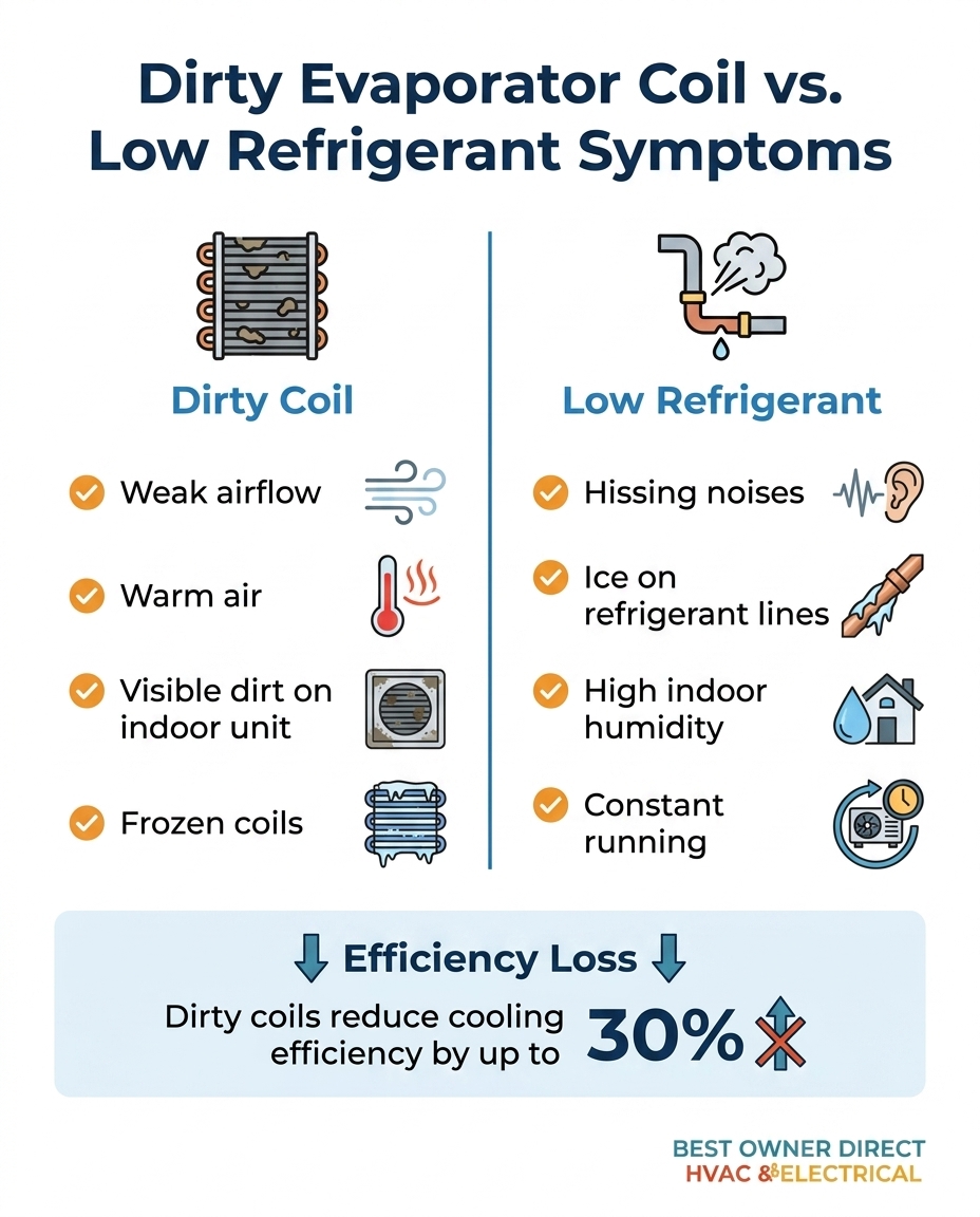 Dirty Evaporator Coil vs. Low Refrigerant Symptoms