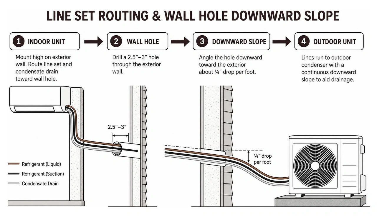 diagram showing line set routing and wall hole downward slope diagram showing line set routing and wall hole downward slope