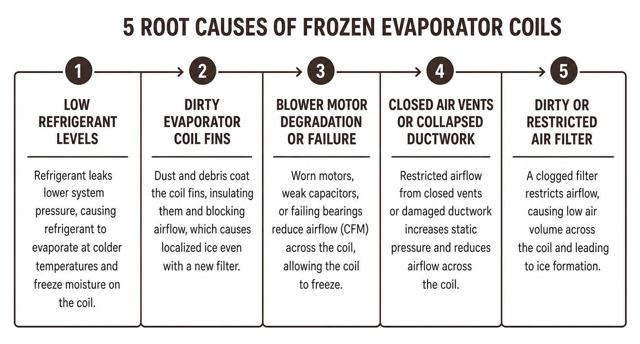 diagram comparing 5 root causes of frozen evaporator coils in home hvac systems diagram comparing 5 root causes of frozen evaporator coils in home hvac systems