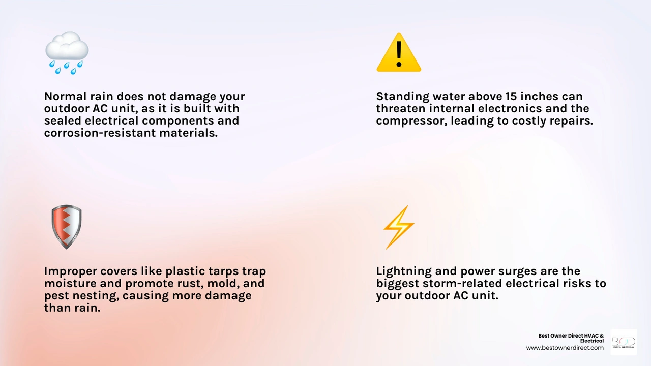 How rain and moisture interact with an outdoor AC unit — quick reference infographic infographic How rain and moisture interact with an outdoor AC unit — quick reference infographic infographic